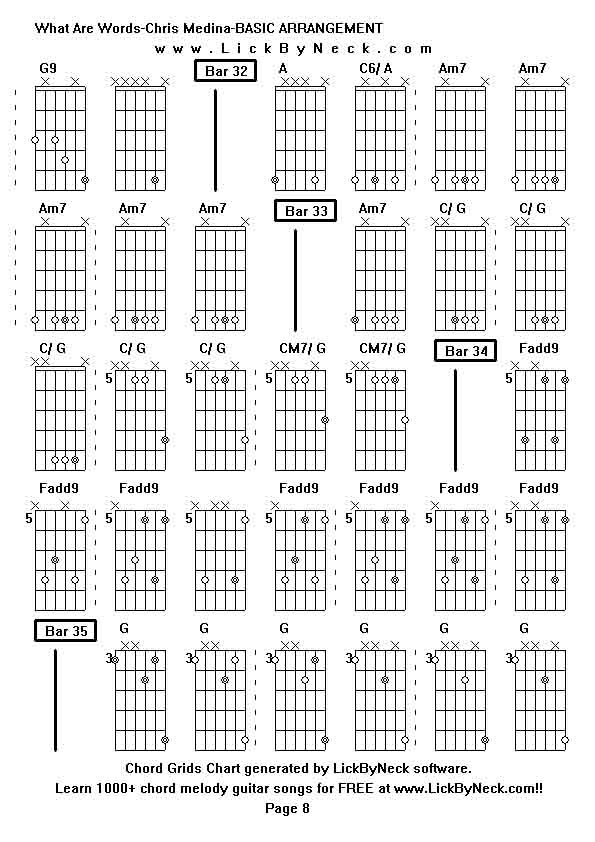 Chord Grids Chart of chord melody fingerstyle guitar song-What Are Words-Chris Medina-BASIC ARRANGEMENT,generated by LickByNeck software.